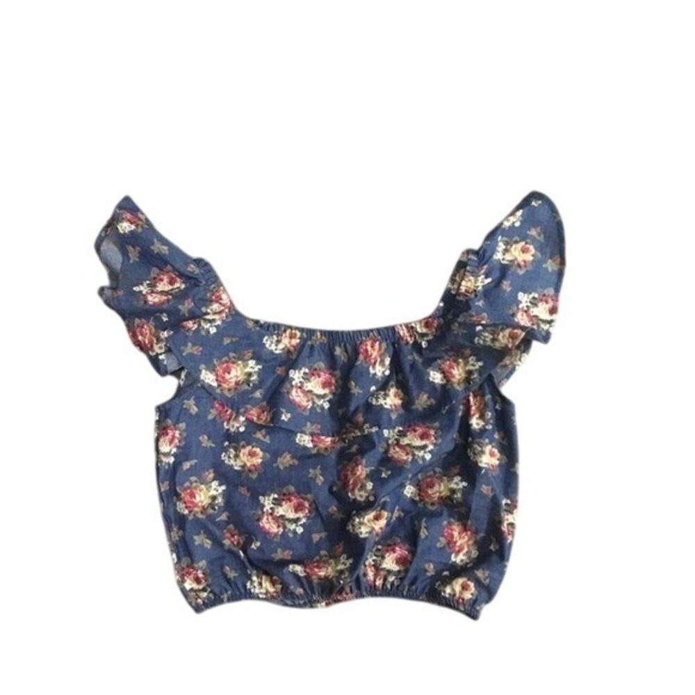 Blue Floral Ruffle Crop Top –‎ Size Small – Off-Shoulder Style